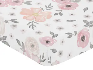 Sweet Jojo Designs Fitted Baby Crib Sheets (Pink/Grey Boho Floral) for Girls, Infant Nursery, Toddler Room - Standard Size (Watercolor, Bohemian, Shabby Chic, Rose, Flower, Farmhouse, Gray, Blush)