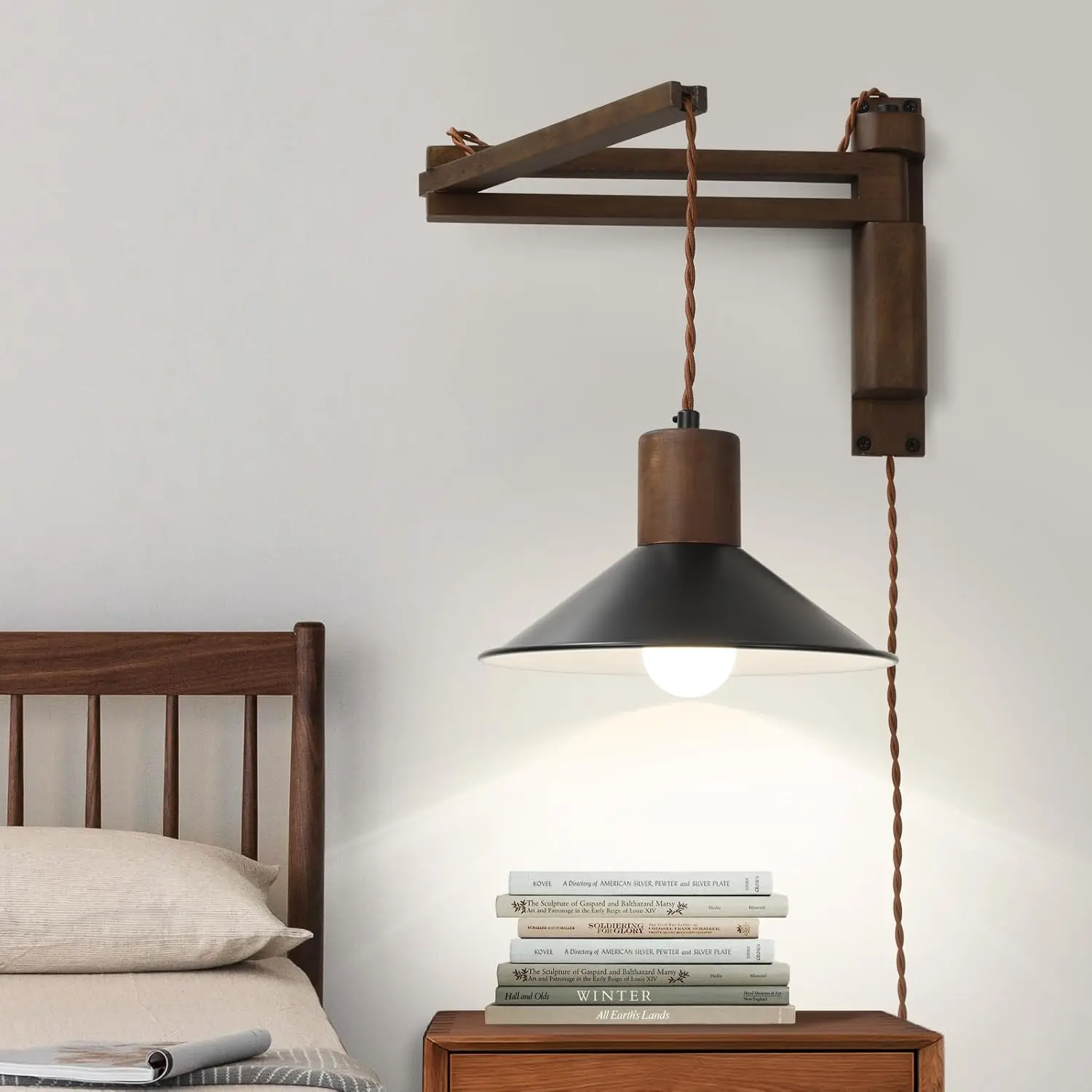 Wood Plug in Wall Sconces, Swing Arm Wall Lamp with Dimmable On Off Switch, 8.6 inch Vintage Wall Mounted Light Fixture with Cord for Bedroom Nightstand Bedside Reading Lamp - Bulb Included