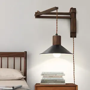 Wood Plug in Wall Sconces, Swing Arm Wall Lamp with Dimmable On Off Switch, 8.6 inch Vintage Wall Mounted Light Fixture with Cord for Bedroom Nightstand Bedside Reading Lamp - Bulb Included