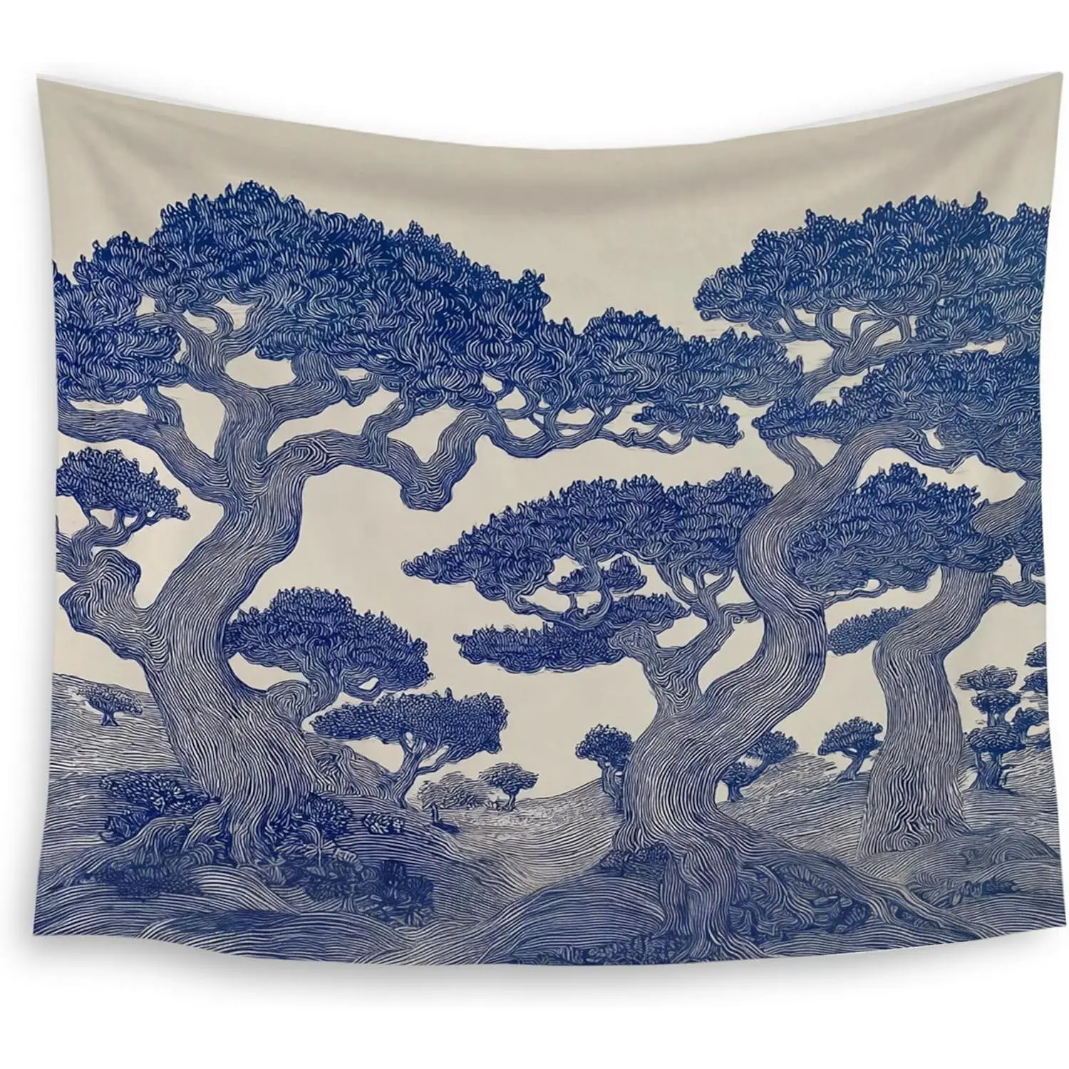 HUGANE Vintage Oak Tree Tapestry, Blue and White Chinoiserie Forest Wall Tapestries, Moody Tree Nature Landscape Botanical Hanging Wall Decor for Home Bedroom Living Room, 50x60 Inch