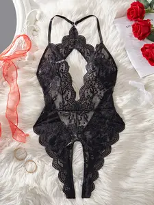 Women's Floral Lace Bow Front Cut Out Sheer Sexy Bodysuit, Sexy Scallop Trim Heart Decor Open Crotch Bodysuit for Indoor Wear, Women Sexy Lingeries & Costumes for All Seasons Valentine's Day, gift