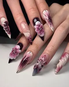 Night Orchid Luxe Press On Nails Sculpted Pink White Flowers Ombre Gradient Luxury