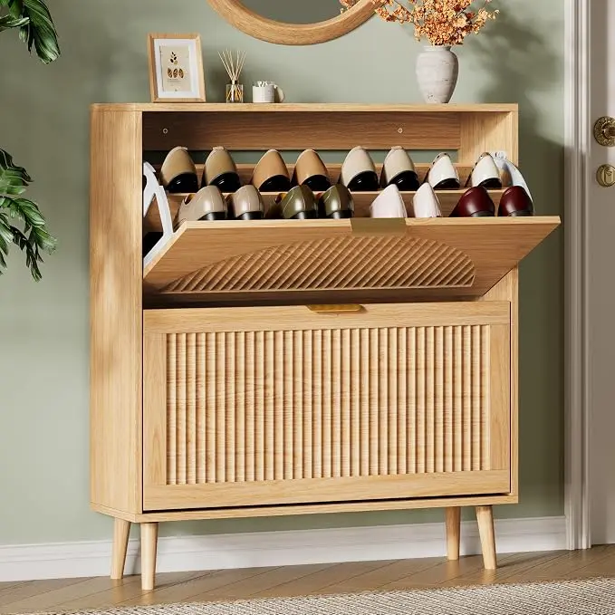 Shoe Storage Cabinet with 2 Flip Drawers, 36" Tall Narrow Fluted Shoe Organizer, Freestanding Hidden Shoe Rack with Wooden Design for Entryway, Foyer, Hallway and Front Door