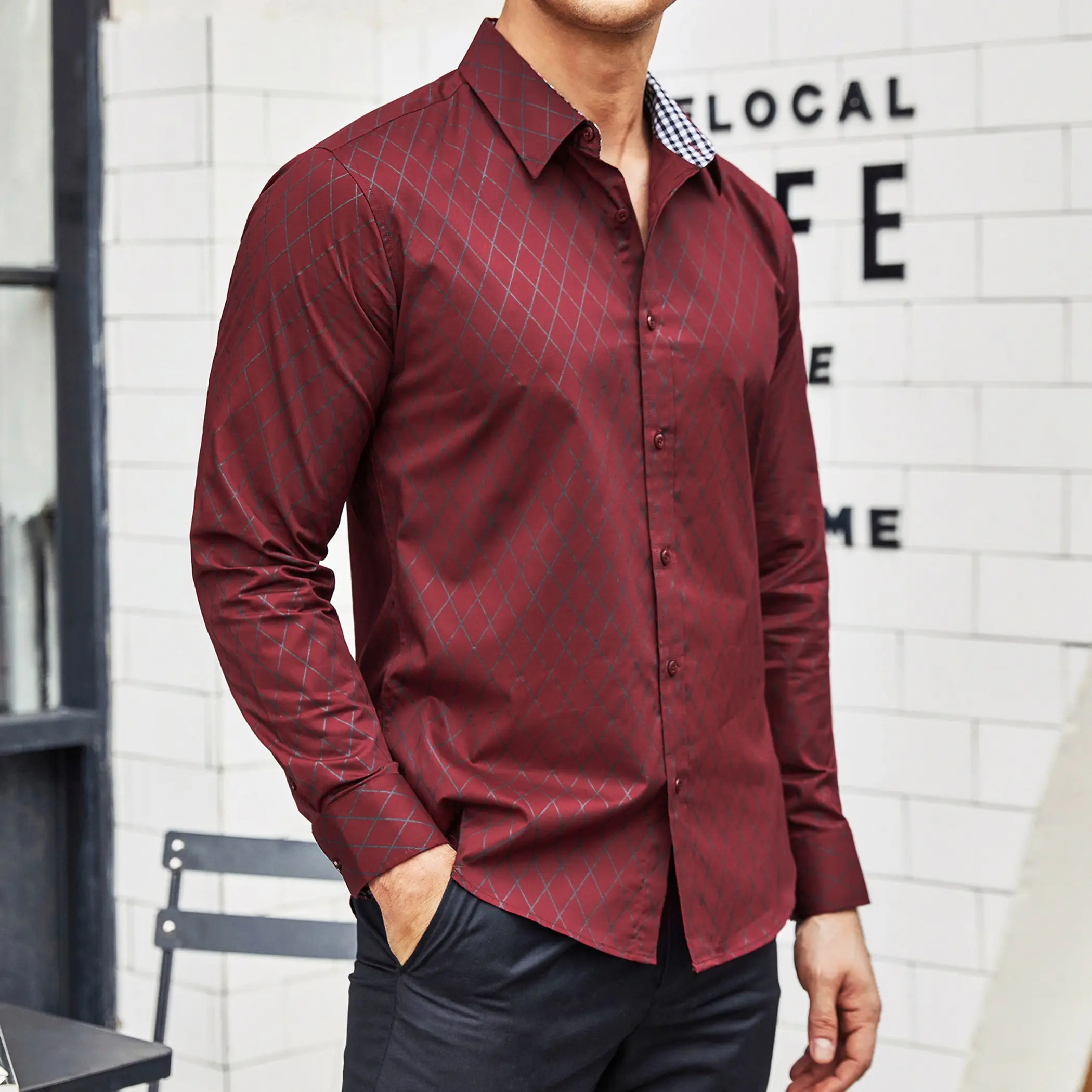 COOFANDY Men's Black Long Sleeve Slim Fit Dress Shirt - Premium Cotton  Blend, Button Down, Contrast Plaid Collar & Cuffs, Dry Clean Only(Run  Small) - TikTok Shop