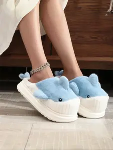 Women's Cute Cartoon Whale Design Plush Slippers, Fuzzy Warm Slippers, Casual Soft Comfortable Home Slippers, Warm Slippers for Indoor & Outdoor Use for Fall & Winter