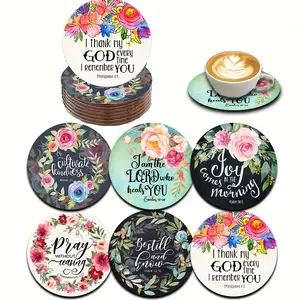 6-piece set of motivational wooden coasters - featuring Bible verses, faith, and spiritual patterns, perfect for coffee, tea, and beverages - perfect for home decor and housewarming gifts Round Coaster