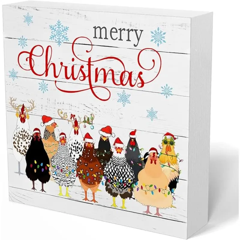Christmas Chicken Wooden Box Sign, Merry Christmas Gifts for Chickens Lovers, Funny Chicken Wood Signs for Home Office Desk Table Shelf Decor, 5x5 Inch