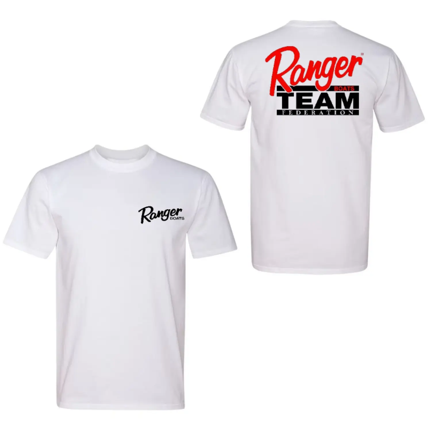 Ranger Boats Team T-Shirt, Bass Fishing Federation Graphic Tee, White Short Sleeve Angler Shirt for Fishing Tournament Fans & Boating Enthusiasts