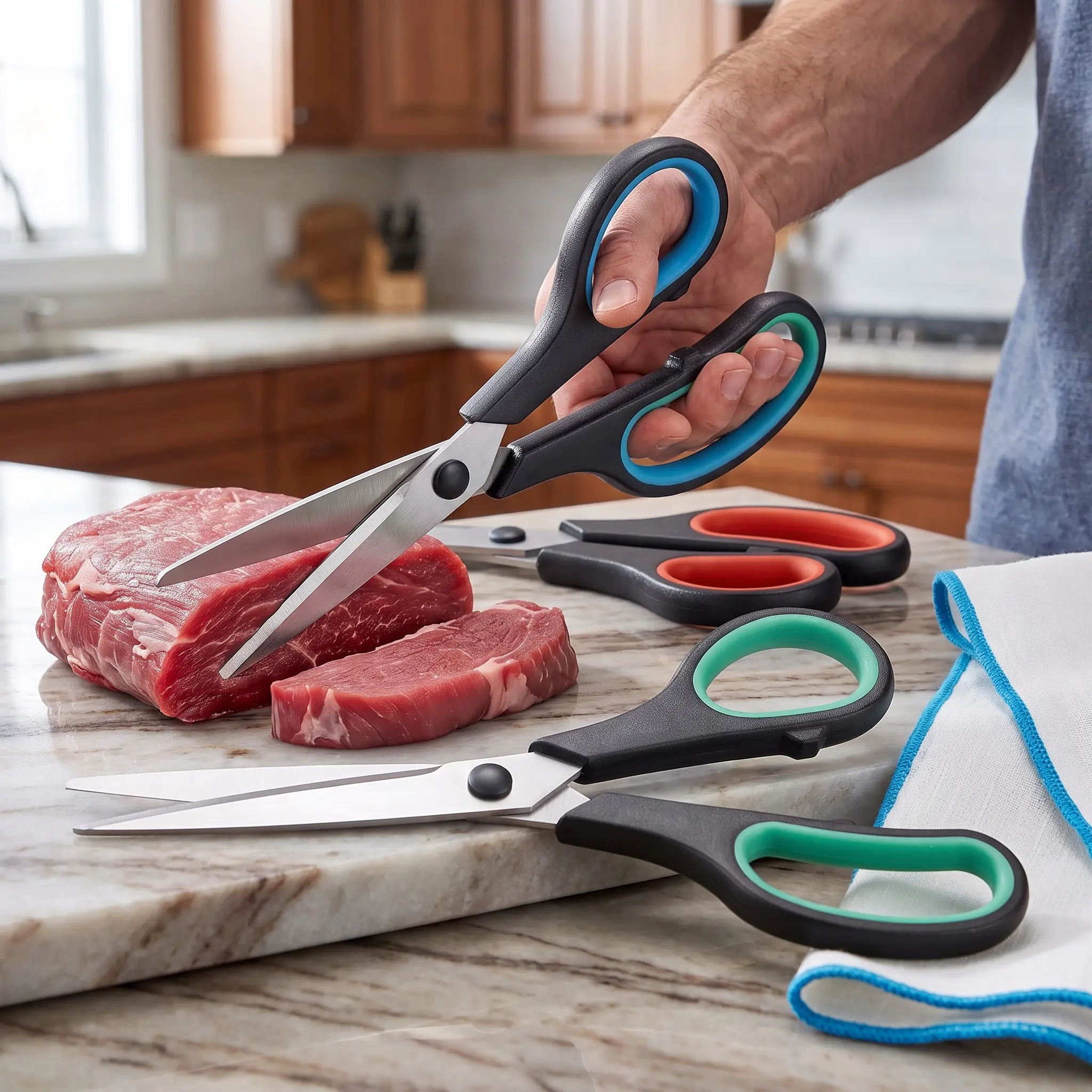 8-in Heavy-Duty Kitchen Scissors 3-Pack, Ultra-Sharp Steel Meat Shears with Non-Slip Colorful Grips, Multifunctional Kitchenware for Home Cutting (Chicken, Herb), Mom Gifts