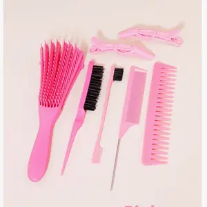 7pcs/Set Detangling Brush And Comb Set, Wide Teeth Hair Comb Rat Tail Comb Teasing Hair Brush Spray Bottle Alligator Clips Haircare Heatless Lightweight Handle Daily