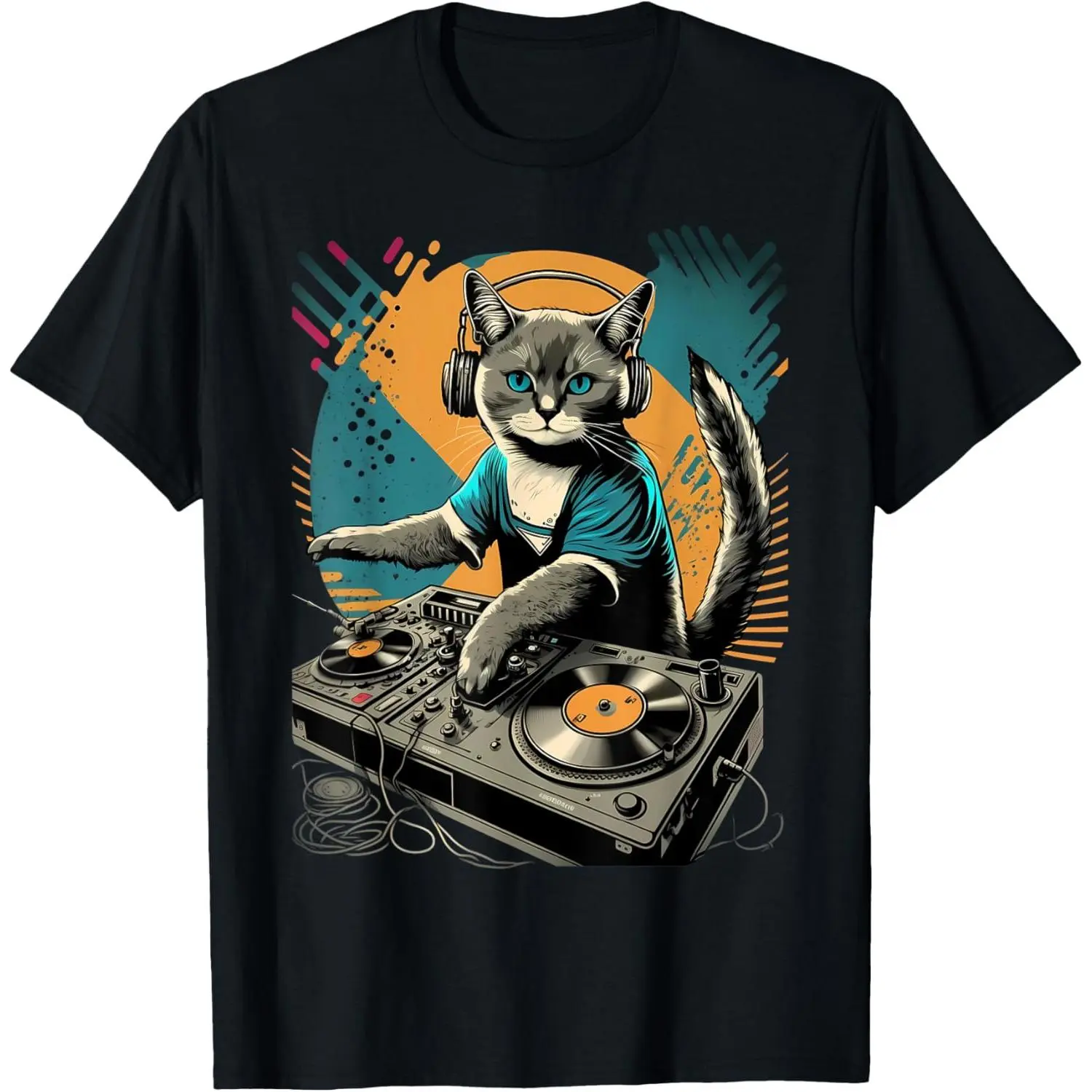 Cotton Short Sleeve EDM Cat DJ, House Techno DNB DJ Cat, Cat With Headphones T-Shirt For Men Women