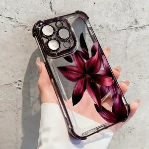 Lilies' Rhapsody Pattern Phone Case, Electroplated Cover with Airbag Shockproof Slim Soft TPU Cover for iPhone 11 12 13 14 15 16 17 Pro Max Plus Air Anti-drop Flower For Girl Woman