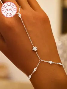 925 Silver Color Fashionable Elegant Octagram Cubic Zirconia Ring Bracelet Set, Elegant Jewelry for Women's Daily and Party Wear