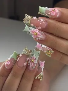 Handmade 3D Floral Press On Nails, Flower Nail Art with Gemstone
