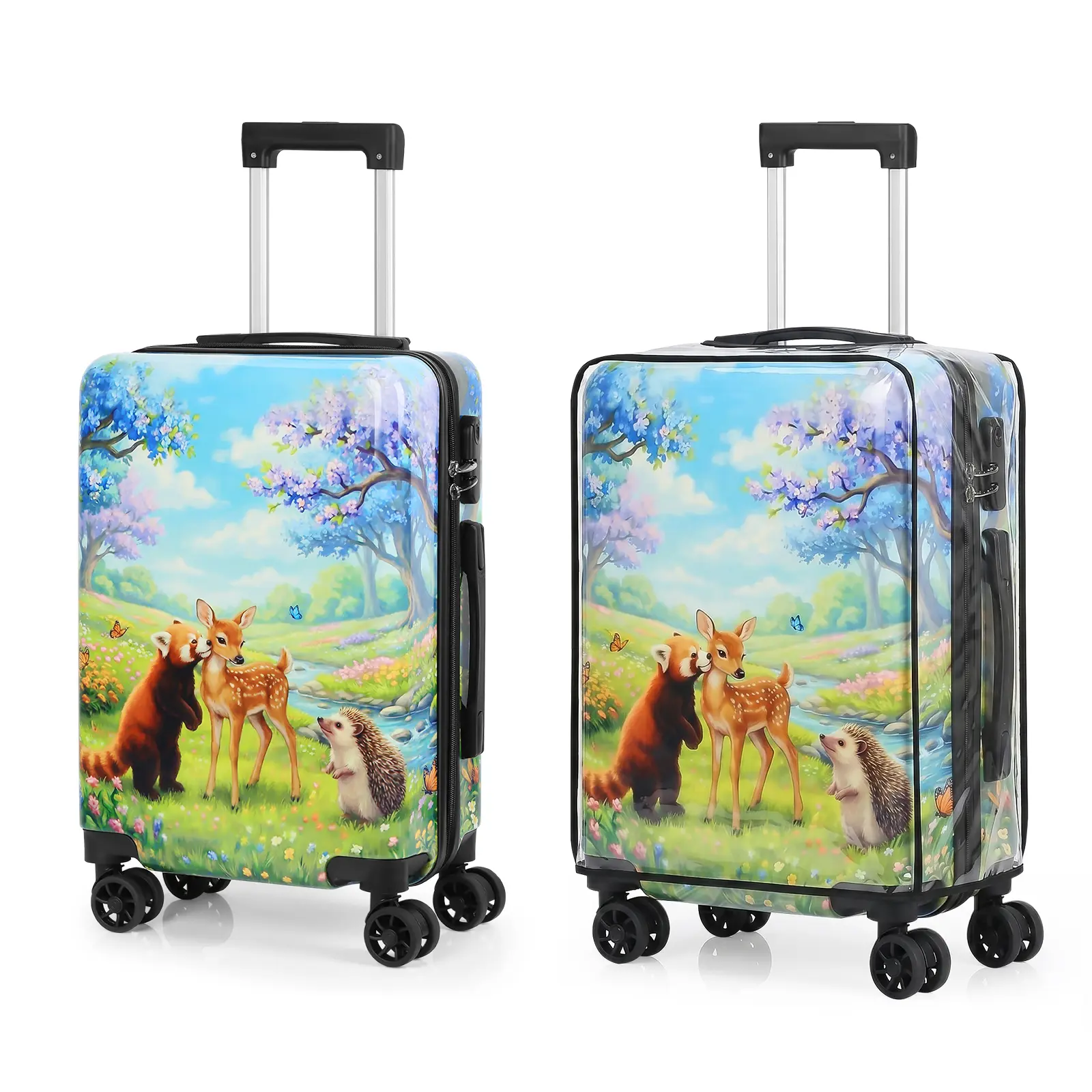 20-Inch Hardside Carry-On Luggage, Cute Hedgehog Print Spinner Wheel Suitcase, Lightweight Hard Shell Travel Bag with Protective Cover for Airplane Use, Protection