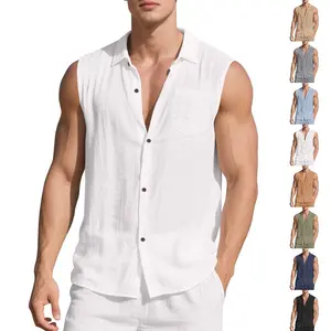 Summer Fashion Lapel Men's Loose Linen Simple Casual Sleeveless Cardigan Beach Shirt