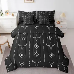 Boho Western Bedding Sets,Bohemian Aztec Comforter Set,7 Pieces Exotic Bull Skull Bed in A Bag,Rustic Tribal Horns Symbol Mysterious Sheet Set