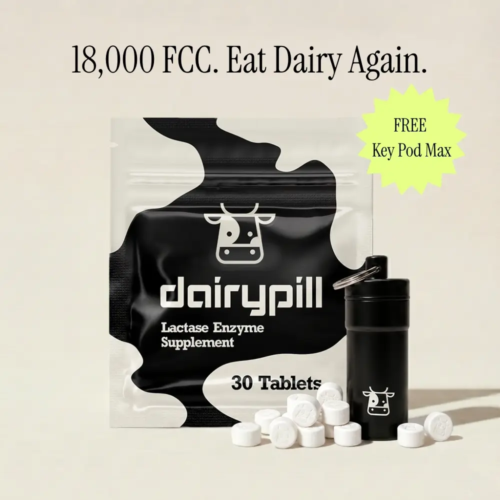 DairyPill Lactase Enzyme Supplements, 18000 FCC Units, 30-Count, with Key Pod Max Keychain, Lactose Intolerance Relief Supplement for Lactose Intolerance