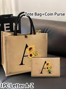 Sunflower Letter Printed Tote Bag, Including a Printed Initials A-Z Tote Bag and a Printed Small Bag, Letters, Flowers, Gift Package, Tote Bag with Black Buckle, Ideal New Shopping Design, Suitable for Daily Use Dates, Birthdays, Holidays