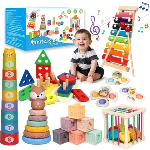 Baby Toys 18-36 Months, 7-in-1 Activity Set - Stacking Blocks, Infant Teething Toy & Sensory Bin, Baby Boys & Girls Gifts