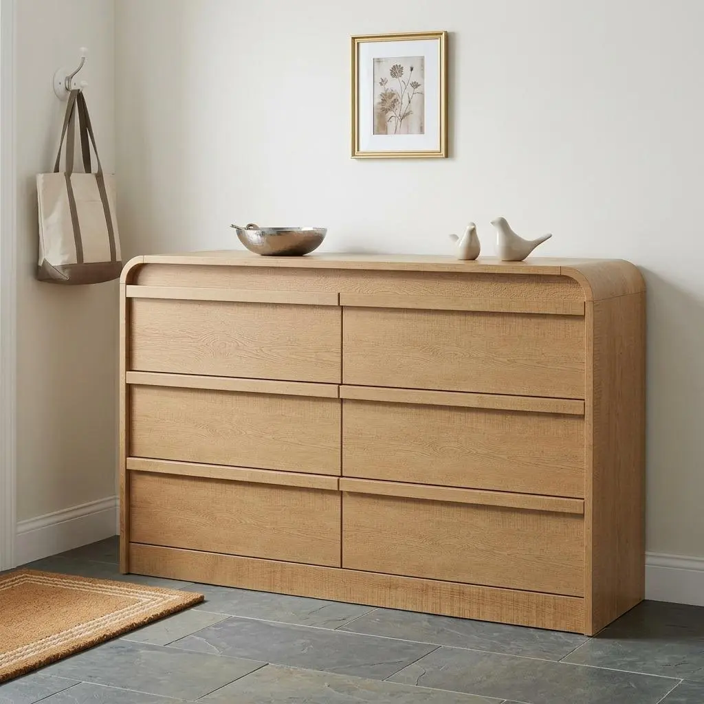 ZR-Garvee Mid Century Modern 6 Drawer Wooden Dresser with Curved Profile Design 47 Inch Large Chest of Drawers for Bedroom Aesthetic Wood Storage Organizer