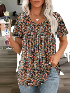 Plus Size Women's Floral Print T-Shirt, V-Neck Ruched Short Sleeve Waist Cinched Top, Casual Loose Flowy Tee for Daily Wear