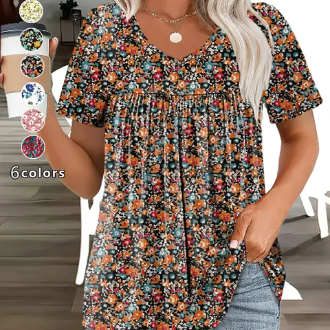 Plus Size Women's Ditsy Boho Vintage Floral Print T-Shirt, V-Neck Ruched Short Sleeve Waist Cinched, Casual Loose Flowy Tee for Daily Wear, Loose Fit Tees