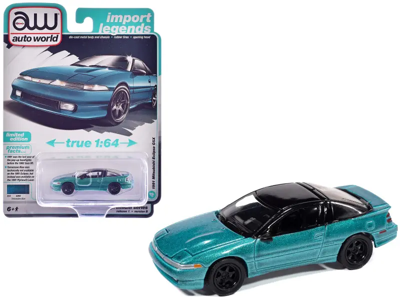 Auto World 1991 Mitsubishi Eclipse GSX Tennessee Blue Metallic with Black Top Import Legends Series 1/64 Diecast Model Car True Scale 1:64