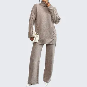 【Clearance Sale】VCPOD Two-Piece Set Women's Textured Split High Low Hem Sweater & Wide Leg Knitting Pants,2024 Sweatsuit Tracksuit  Wide Leg Pants Fall Winter