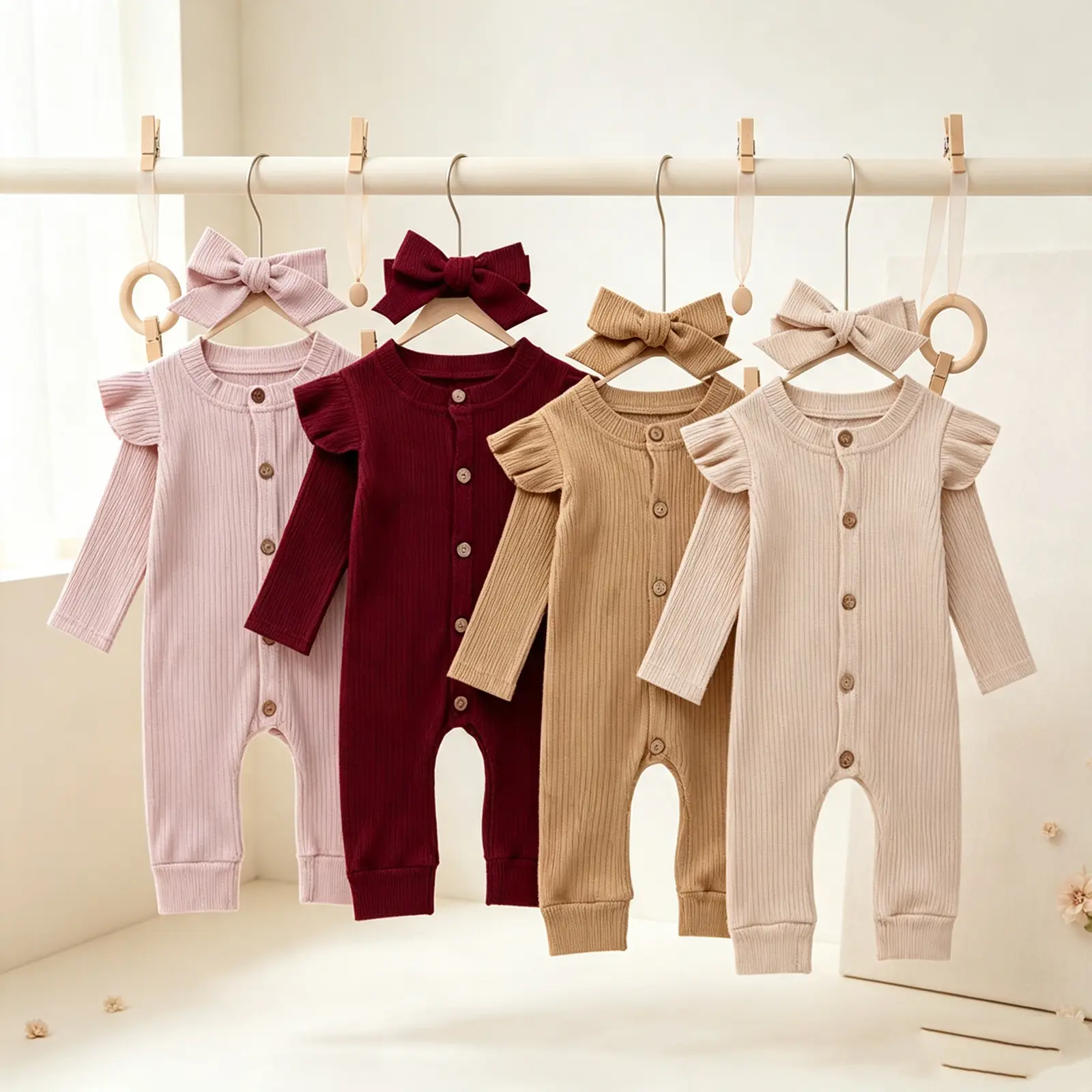 Newborn Baby Girl Boy Long Sleeve Ruffled Bodysuit Knitted Ribbed Button Jumpsuit + Headband Outfits