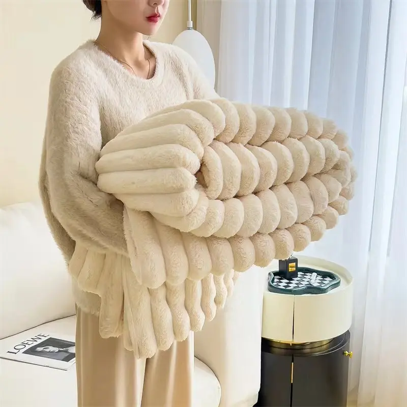 1 Pc Plush Rabbit Fur Blanket, Warm Thickened Soft Cozy Throw for All Sofa Types, Ideal for Bedroom and Living Room, Fashion Design