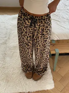 Women's Slim Fit Leopard Print Flannel Knit Tee & Loose Pants Set, Casual Streetwear, Warm Thick Fabric, Fall Winter Fashion, Youth Style, Womenswear