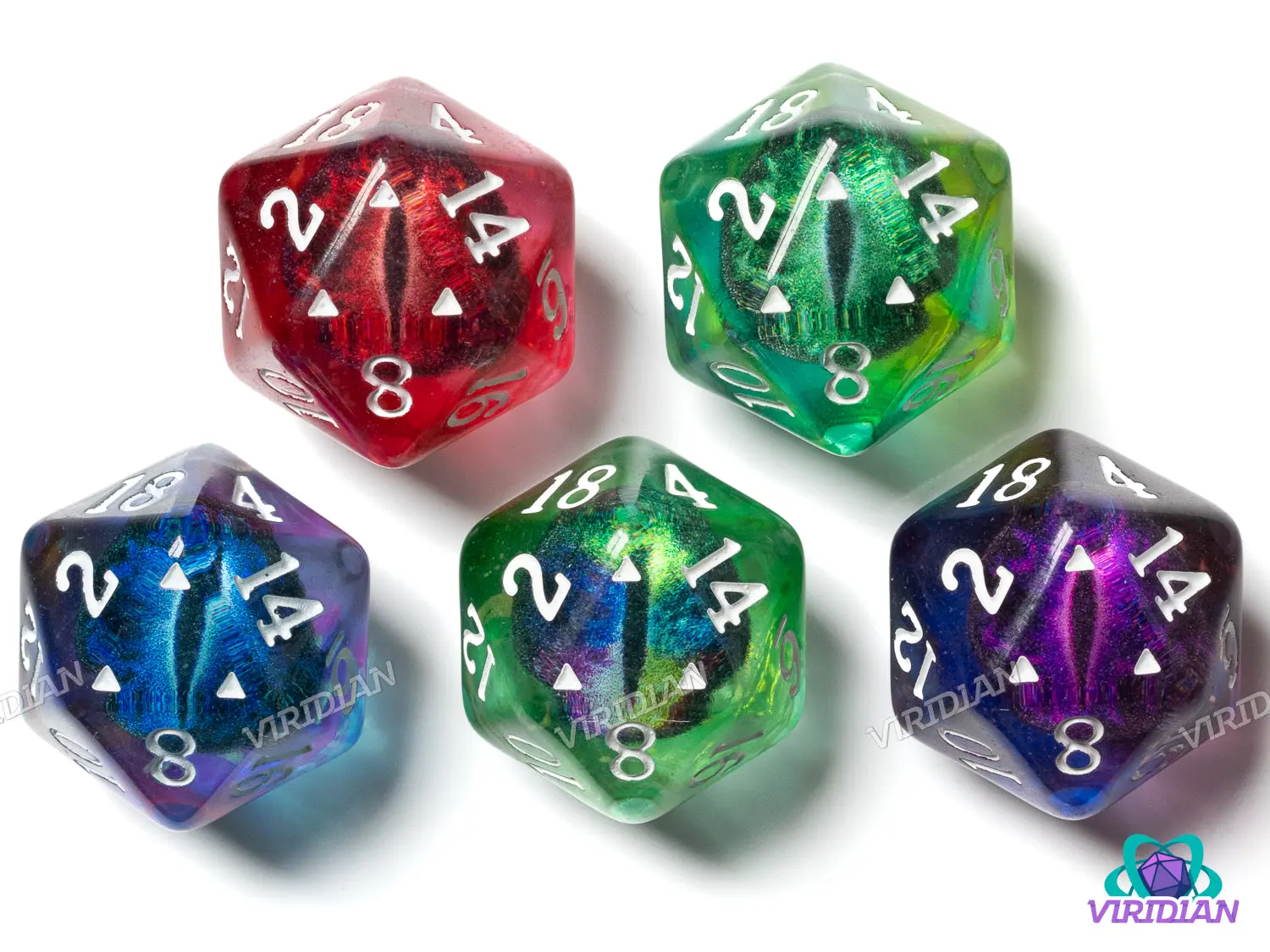 Tiamat's Gaze D20s (Set of 5) | Multicolor Dragon Eye Dice, Translucent D20s, Red Purple Blue Green Teal | Resin D20 Dice Set (5)