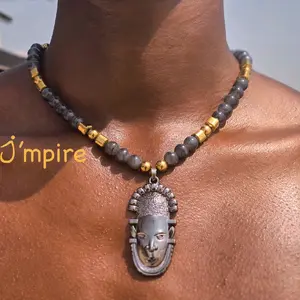 "Oba's Echo"  Edo-Inspired Grey Pearl & Gold Beaded Necklace with Royal Face Sculpture Pendant | Luxury Statement Jewelry DIY Craft Kit for Jewelry Making, Beads Jewelry Making (Toys & Hobbies Wire Accessory)