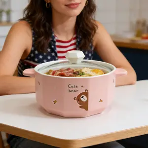 Pink Cute Bear Ceramic Noodle Bowl with Lid Double Handle Soup Bowl Microwave-Safe Ramen Bowl Cartoon Animal Kitchen Food Container for Noodles, Soup & Cereal