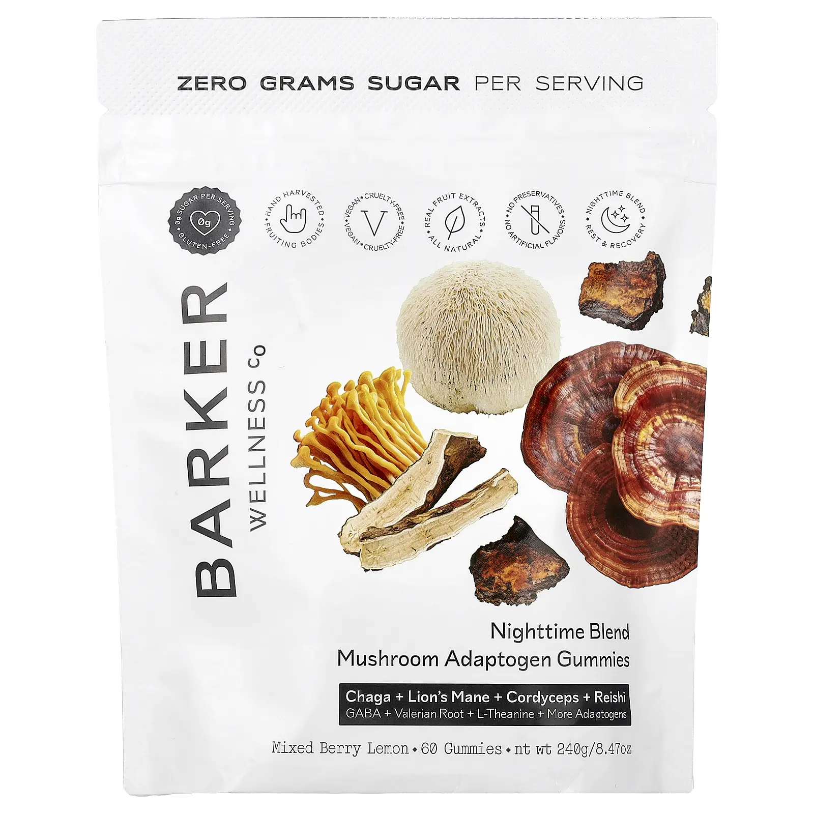Barker Wellness Co Nighttime Blend, Mushroom Adaptogen Gummies, Mixed Berry Lemon, 60 Gummies