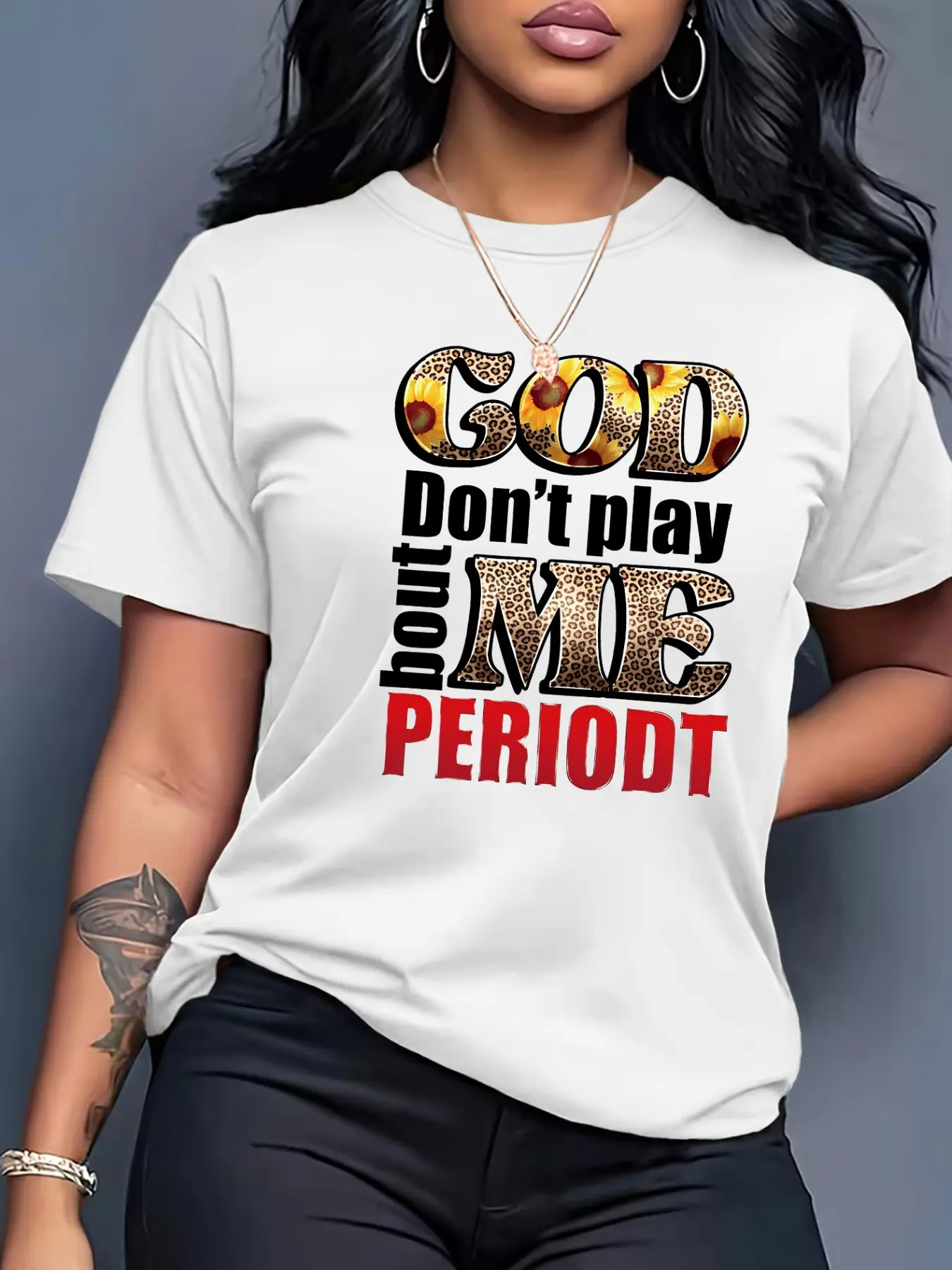 "God Don't Play Bout Me PERIODT" Leopard Sunflower Women's Casual Short Sleeve Crew Neck T-Shirt, Streetwear, Bold Faith Graphic Print, Mustard Yellow, Machine Washable Spring & Summer Top, Soft Skin-Friendly Fabric, Daily Versatile, Fashion Desig, Piece