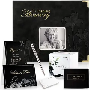 Embossed Funeral Guest Book for Memorial Service, Celebration of Life Guest Book Set for Funeral Sign in with 8.5X10.7in,50 Memory Cards,2 Table Signs, a Card Box, and a  Pen