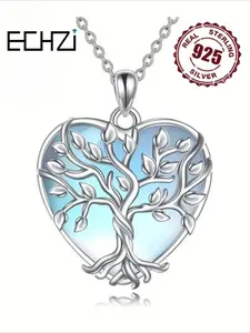S925 Sterling Silver Fashion Synthetic Moonstone Pendant Necklace, Teardrop Tree Of Life Necklace for Women & Girls, Jewelry Gift