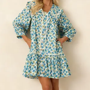 Women's Summer Floral Boho Mini Dresses Puff Short Sleeve Zip Up Ruffle Swing Dress