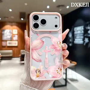 Watercolor Pink Lily Christian Cross Pattern Magnetic MagSafe Phone Case for iPhone 17 Air/16 Pro Max 15 Pro 14 13 12 11 Plus Lightweight Shockproof Slim Protective Cover Supports Wireless Charging Case Casing
