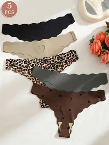 Women's Seamless Soft Thongs Leopard Print Heart Cut Out, Comfortable Invisible Panties, Fitted Low Waist, All Seasons, 5/7/10 Pack