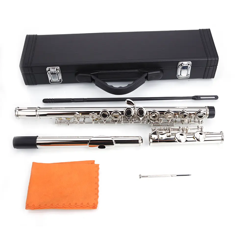 16-Closed-Hole Nickel-Plated C Concert Band Flute with E Key & Silver-Plated Finish, Beginner-Teens Friendly Kit w/ Case, Cloth, Screwdriver, Lube, Cleaning Rod, Ideal Birthday Musical Gift