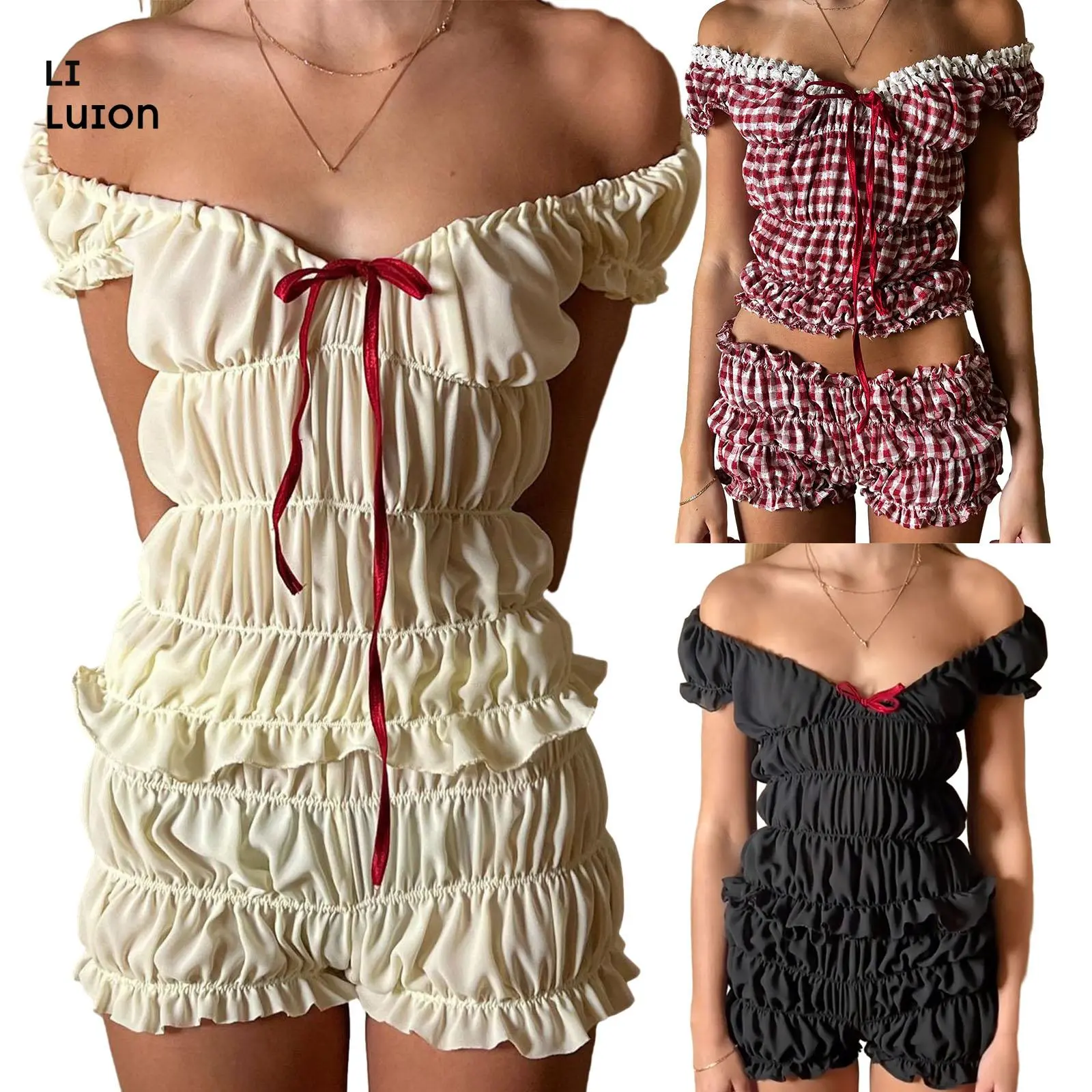 Women's Summer Cute 2 Piece Outfits Short Sleeve Ruched Tops Solid Color/Plaid Shorts Set