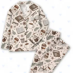 Women’s Beige Coffee And Books Reading Lover Girly Bookish Print Short Sleeve & Long Sleeve Satin Pajama Set