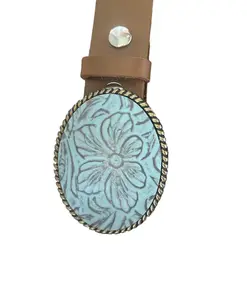 Turquoise Embossed Floral Leather Belt Buckle, Oval Rope Antique Silver or Antique Brass Buckle, Interchangeable Belt Buckle For Fashion Belt for Women