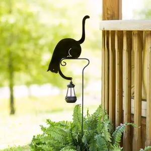 Black Metal Silhouette Garden Stake of Cat Holding a Solar-Powered Lantern