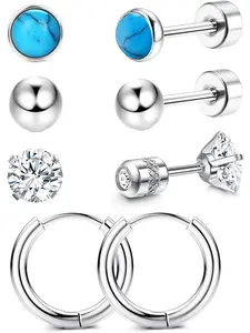 4 Pairs G23 Titanium Earrings for Women Men Hypoallergenic Stud Earrings CZ Turquoise Opal Earrings Set Silver Hoop Earrings Tragus Helix Piercing Jewelry