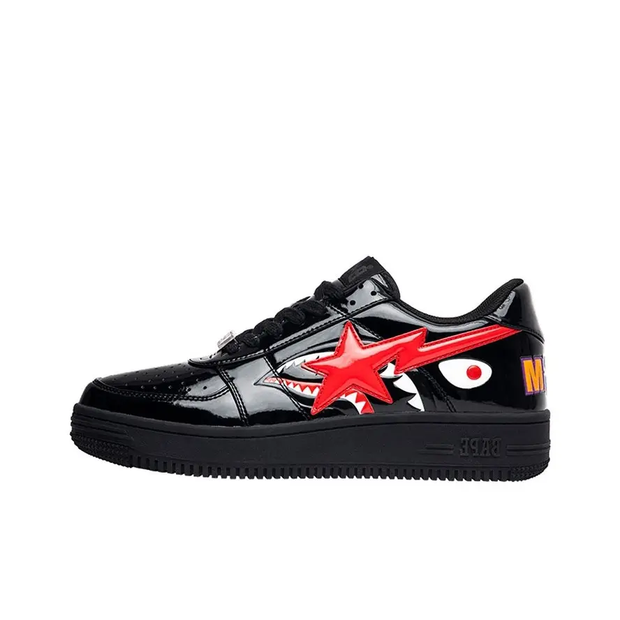 Low-top casual skate trainers perfect for weekend downtown trips & daily casual street commutes, water-resistant glossy patent leather solid black silhouette with vivid shark graphic prints, toe perforated airflow cutouts