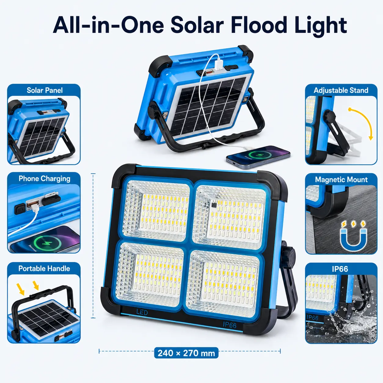2-in-1 Portable Solar Flood  - 4-Panel LED Work  with IP66 Waterproof, Magnetic Mount, Phone Charger Function, Adjustable Stand for Camping, Emergency Use